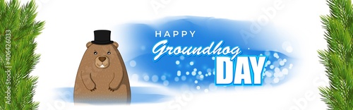Vector illustration concept of Happy Groundhog Day greeting with cute groundhog coming out from snow covered ground. 2 February.