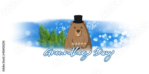 Vector illustration concept of Happy Groundhog Day greeting with cute groundhog coming out from snow covered ground. 2 February.