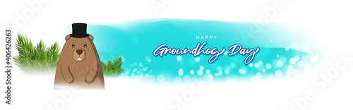Vector illustration concept of Happy Groundhog Day greeting with cute groundhog coming out from snow covered ground. 2 February.