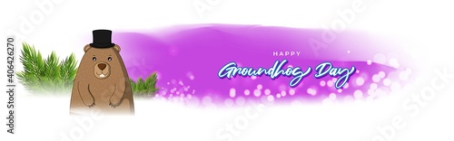 Vector illustration concept of Happy Groundhog Day greeting with cute groundhog coming out from snow covered ground. 2 February.