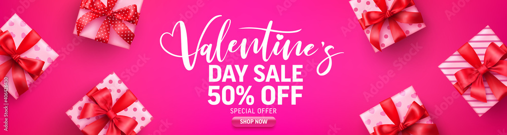 Valentine's Day Sale 50% off Poster or banner with cute gift box on pink background.Promotion and shopping template or background for Love and Valentine's day concept.