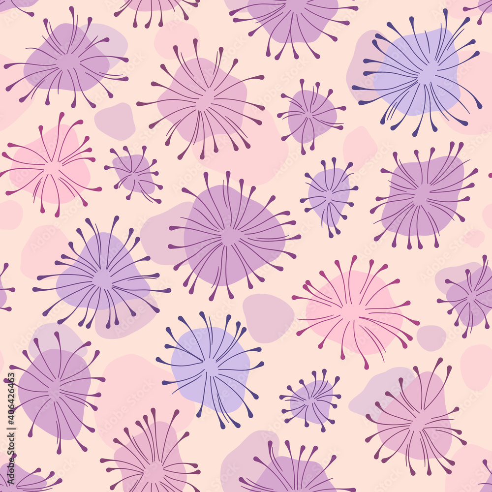 Vector doodle flowers seamless pattern background in pastel colors. Pink and purple. Repeating vector hand drawn textures. Vector doodle flowers seamless pattern background in pastel colors. Pink and purple. Repeating vector hand drawn textures.