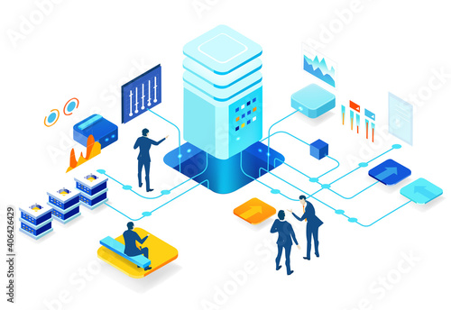 Isometric 3D business environment with business people working and communicating in server room. Technology, success, internet, data protection and personal security concept infographic illustration.