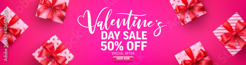 Valentine's Day Sale 50% off Poster or banner with cute gift box on pink background.Promotion and shopping template or background for Love and Valentine's day concept.