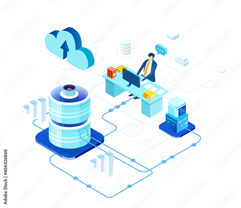 Isometric 3D business environment with businessman sits by his desk in the server room. Big Data, internet protection, security, investment, banking, support infographic illustration. Isometric 3D business environment with businessman sits by his desk in the server room. Big Data, internet protection, security, investment, banking, support infographic illustration.