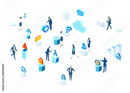 Isometric business environment with business people work around communication icons, make business together, solving problems, support, advisory idea.