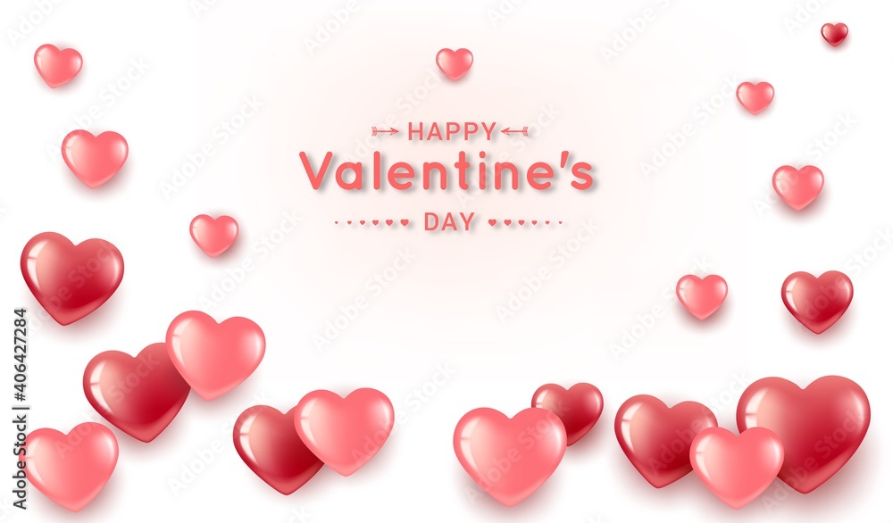 Greeting card banner for Valentine s Day and International Women s Day. Red and pink hearts in the form of a frame with text. On a light background. Vector illustration.