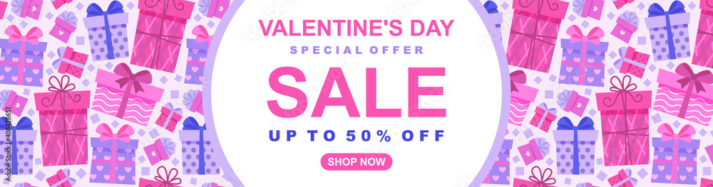 Valentine's Day Sale 50% off poster or banner with many gift boxes. Promotion and shopping template.  Background for Valentine's day concept. Vector illustration. 