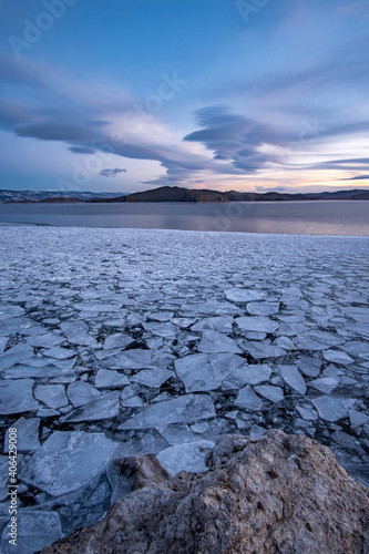 Freezing up on Lake Baikal. Strait of Maloye More, view of Olkhon Island