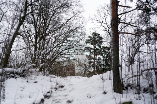 View of the Ludwigstein chapel in the Monrepo park on a cloudy January day. Vyborg, Russia. 