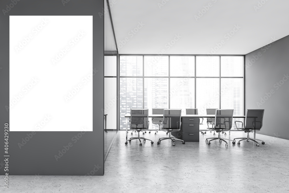 Mockup copy space in grey conference room with furniture and window Mockup copy space in grey conference room with furniture and window