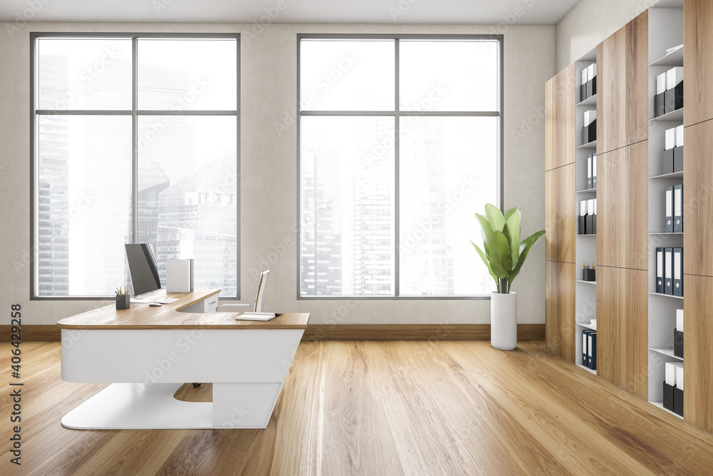 Fototapeta premium Wooden office room with table and computer, shelf on parquet