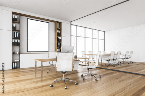 Mockup canvas in white office room with chairs, conference room