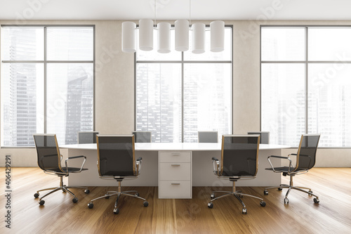 White and wooden conference room with modern furniture and window © ImageFlow