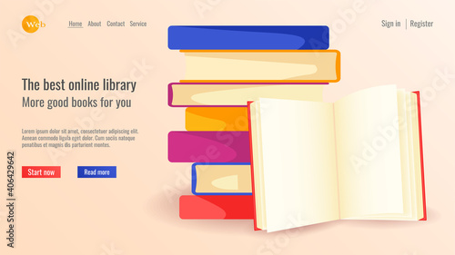 Website design for online learning, library, book store. Stack of books and open book in front. Vector illustration for poster, banner, website development.