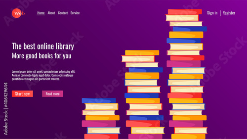 Website design for online learning, library, book store. Stacks of books. Vector illustration for poster, banner, website development.