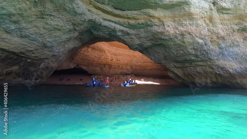Benagil Sea Caves in Algarve, Portugal. View from Tourist Kayak. POV photo