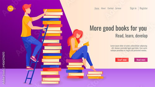 Website design for online learning, library, book store. Man on the ladder taking a book, woman seating on the books and reading. Vector illustration for poster, banner, website development.