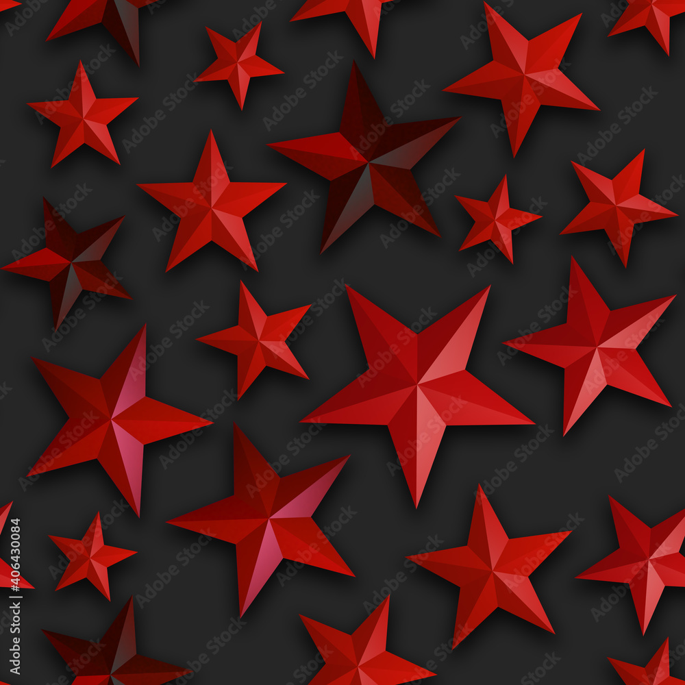 Obraz premium Seamless star pattern, star on a black background. 3D render, illustration. Festive abstract concept. New year, christmas, textiles, paper