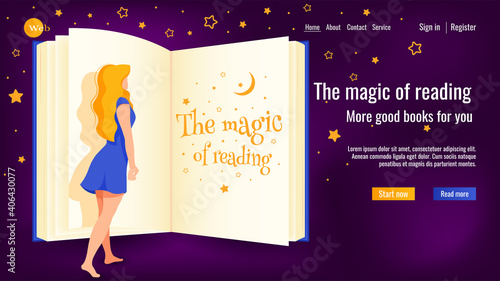Website design for online learning, library, book store. The magic of reading. Woman reading a book. Vector illustration for poster, banner, website development.