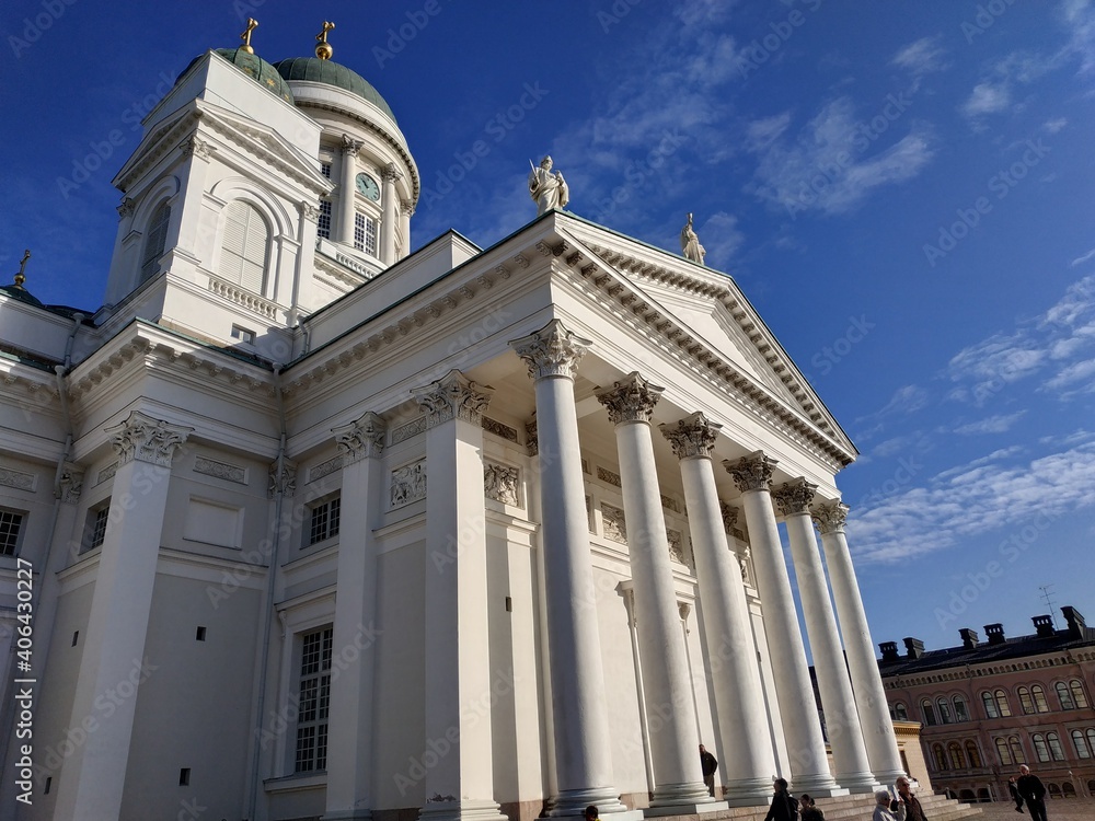 Interior and facade of St. Nicholas cathedral in Helsinki, Finland