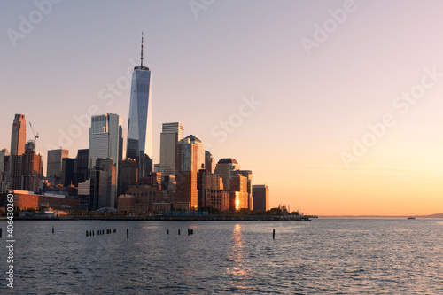 Beautiful Lower Manhattan New York City Skyline along the Hudson River during a Colorful Sunset
