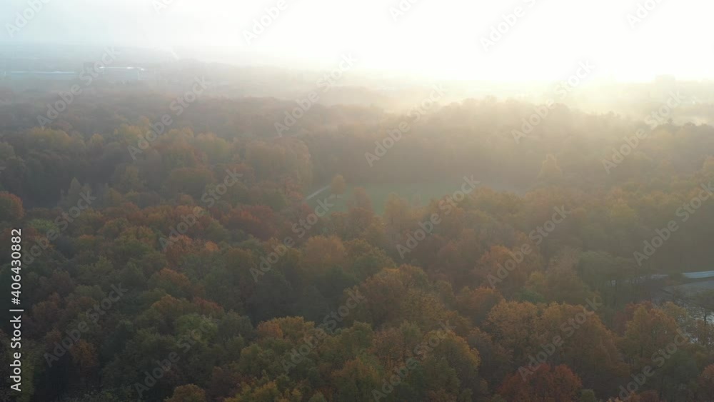 Drone aerial view of park in early autumn morning. Foggy sunrise. Kaunas, Lithuania Drone aerial view of park in early autumn morning. Foggy sunrise. Kaunas, Lithuania