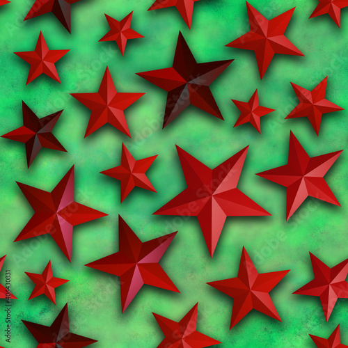Seamless star pattern, red star on a green background. 3D render, illustration. Festive abstract concept. New year, christmas, textiles, paper