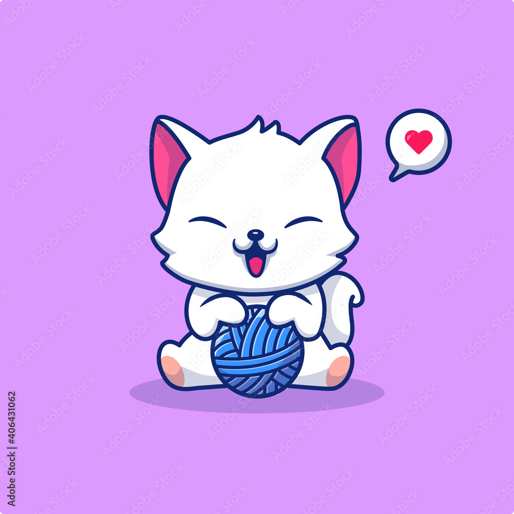 Cute Cat Playing Yarn Ball Cartoon Vector Icon Illustration (2