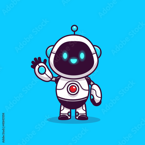 Cute Robot Waving Hand Cartoon Vector Icon Illustration. Science Technology Icon Concept Isolated Premium Vector. Flat Cartoon Style