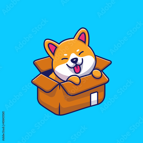 Cute Shiba Inu Dog Playing In The Box Cartoon Vector Icon Illustration. Animal Nature Icon Concept Isolated Premium Vector. Flat Cartoon Style