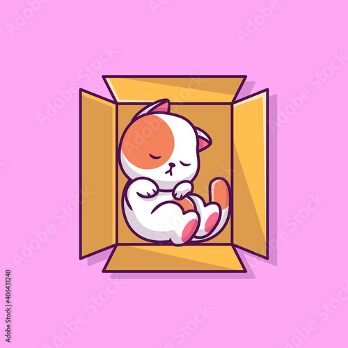 Cute Cat Sleeping In The Box Cartoon Vector Icon Illustration. Animal Nature Icon Concept Isolated Premium Vector. Flat Cartoon Style