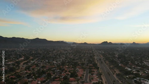 Aerial Hyperlapse of Sunset Golden Hour Above City of Scottsdale, Arizona photo