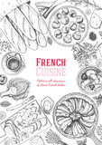 French cuisine top view frame. A set of classic French dishes with ratatouille, cheese, escargot, artichoke, bakery. Food menu design template. Hand drawn sketch vector illustration.