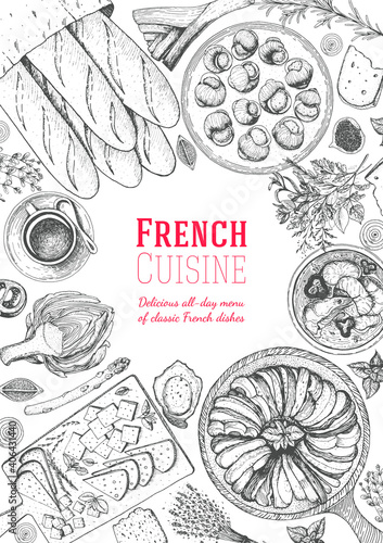 French cuisine top view frame. A set of classic French dishes with ratatouille, cheese, escargot, artichoke, bakery. Food menu design template. Hand drawn sketch vector illustration.