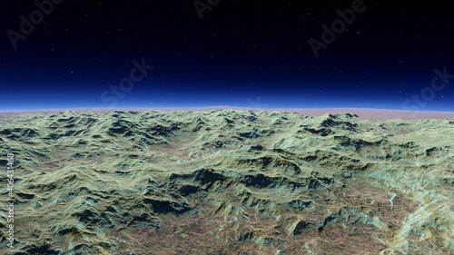 realistic surface of an alien planet, view from the surface of an exo-planet, canyons on an alien planet, stone planet, desert planet 3d render photo