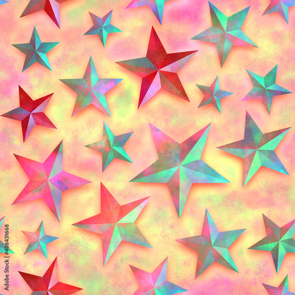 Seamless star pattern, star on a red background. 3D render, illustration. Festive abstract concept. New year, christmas, textiles, paper Seamless star pattern, star on a red background. 3D render, illustration. Festive abstract concept. New year, christmas, textiles, paper