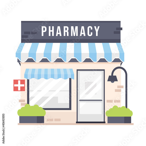 Cute cartoon Pharmacy store  facade detailed vector illustration. Drugstore house Isolated on white background. Building exterior