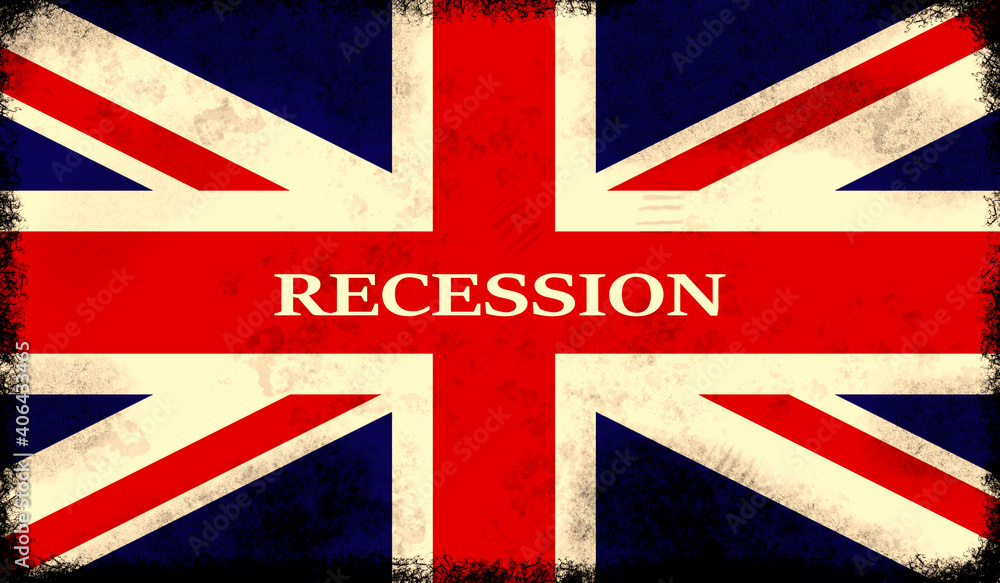 Fototapeta premium UK flag with the word recession - United kingdom recession concept