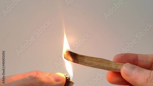 A Palo Santo stick is light up with a lighter. A big flame starts to grow on the sitck and is then turned off by shaking the stick. The smoke which is used as air freshner starts to spread around. photo