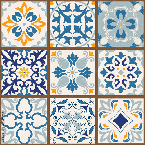 Collection of 9 colorful tiles. Seamless patchwork tile with Islam, Arabic, Indian, Ottoman motives. Majolica pottery tile, blue, yellow azulejo, original traditional Portuguese Spain decor. Vector