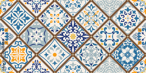 Seamless colorful patchwork tile with Islam, Arabic, Indian, ottoman motifs. Majolica pottery tile. Portuguese and Spain decor. Ceramic tile in talavera style. Vector illustration.