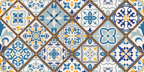 Seamless colorful patchwork tile with Islam, Arabic, Indian, ottoman motifs. Majolica pottery tile. Portuguese and Spain decor. Ceramic tile in talavera style. Vector illustration.