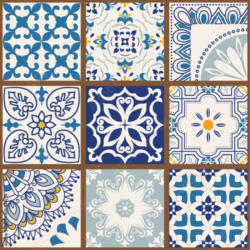 Collection of 9 colorful tiles. Seamless patchwork tile with Islam, Arabic, Indian, Ottoman motives. Majolica pottery tile, blue, yellow azulejo, original traditional Portuguese Spain decor. Vector