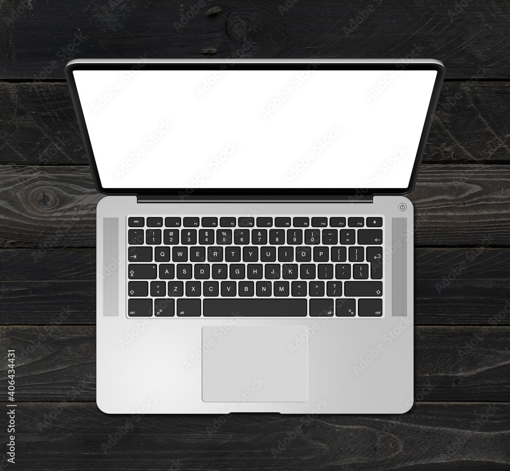Open laptop top view with blank screen, isolated on black wood background. 3D render Open laptop top view with blank screen, isolated on black wood background. 3D render