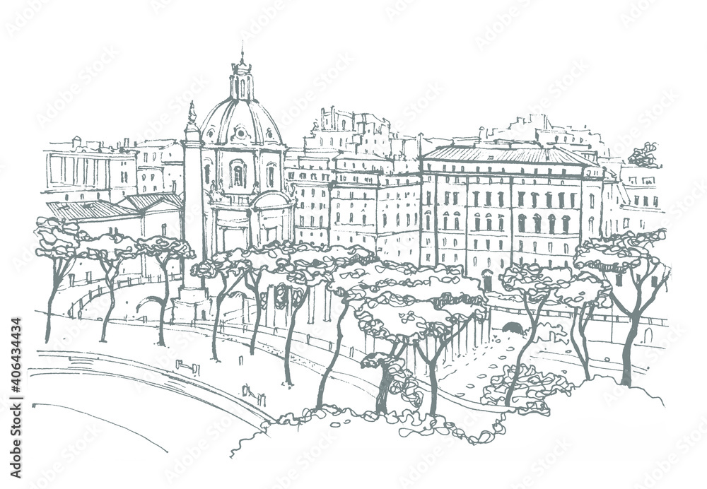 Liner sketches architecture of Rome Italy, hand drawing sketch, graphic illustration. Urban sketch in black color isolated on white background. Hand drawn travel postcard. Travel sketch.