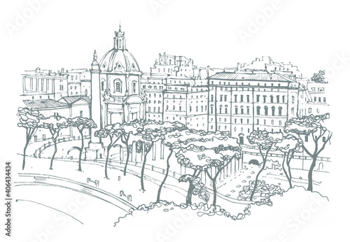 Liner sketches architecture of Rome Italy, hand drawing sketch, graphic illustration. Urban sketch in black color isolated on white background. Hand drawn travel postcard. Travel sketch.