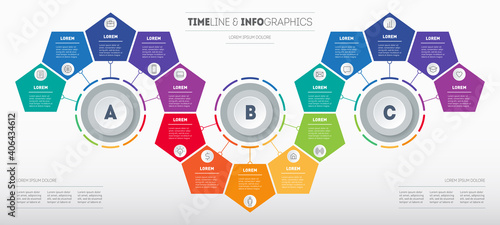 Infographic consisting of 3 segments for 5 parts. Business presentation concept with 15 options. Brochure design template. Diagram of technology or education process with fifteen steps.
