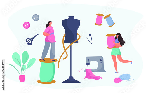 Dressmaker or Seamstress Work with Sewing Machine and Mannequin in Atelier or Home.Professional Tailor or Fashion Designer.Ironing Cloth.Sewing to Order at Home during Coronavirus.Vector Illustration