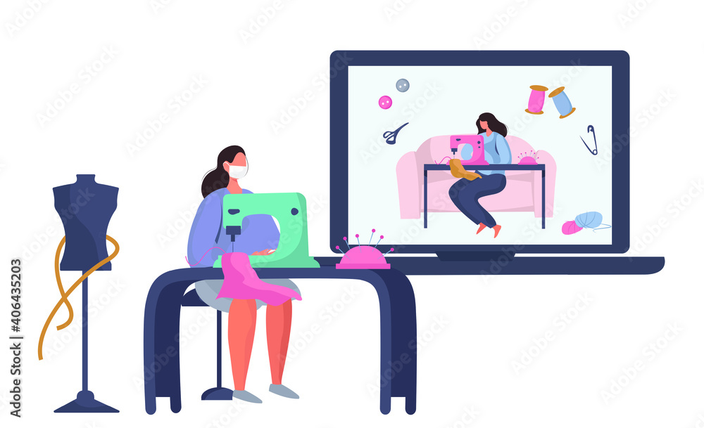 Dressmaker or Seamstress Work with Sewing Machine and Mannequin in Atelier or Home.Online Courses Sewing.Dressmaker Sewing to Order at Home during Coronavirus in Medical Mask.Flat Vector Illustration